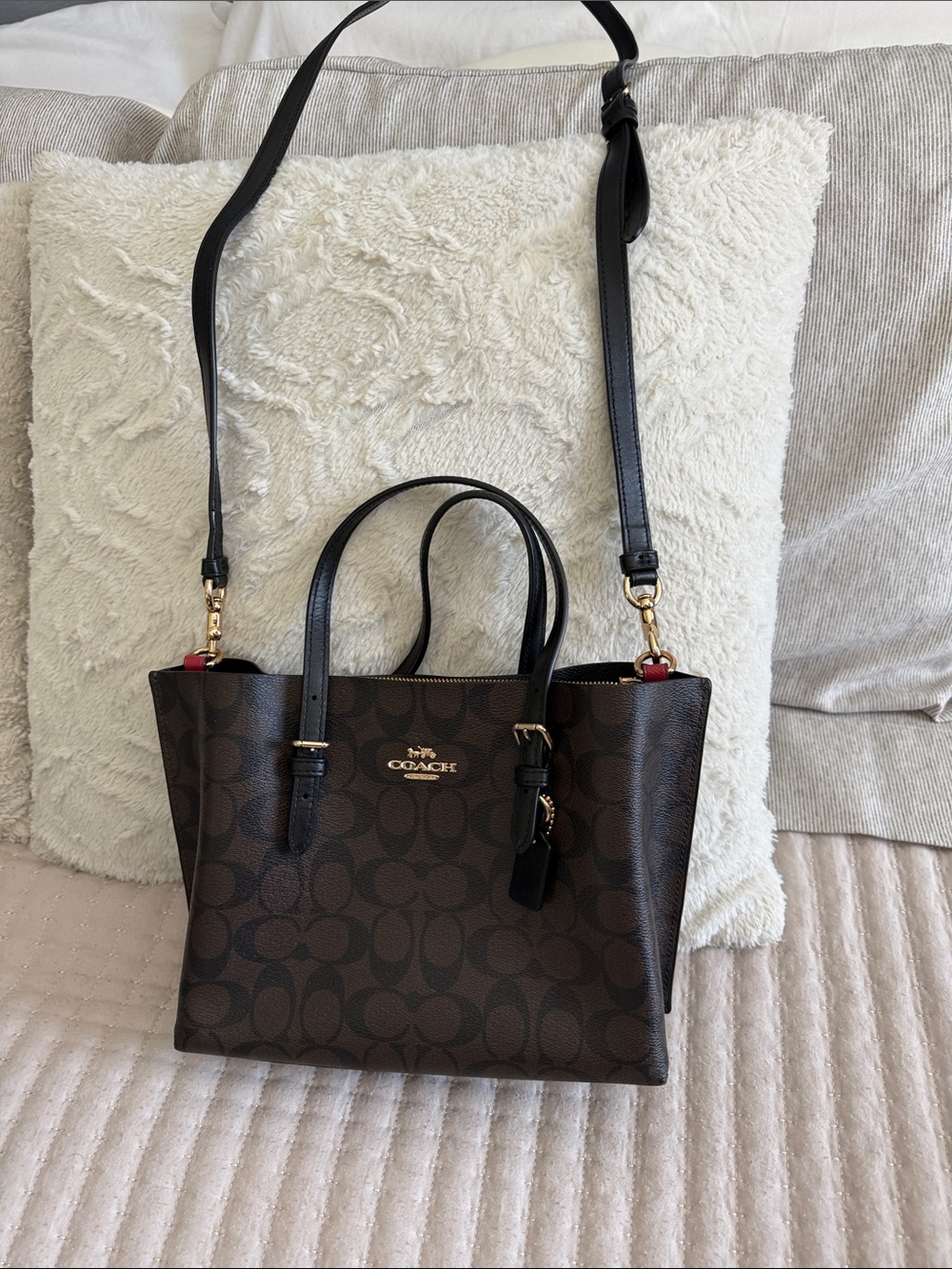 Coach Brown Signature Canvas Small Tote with Black Straps